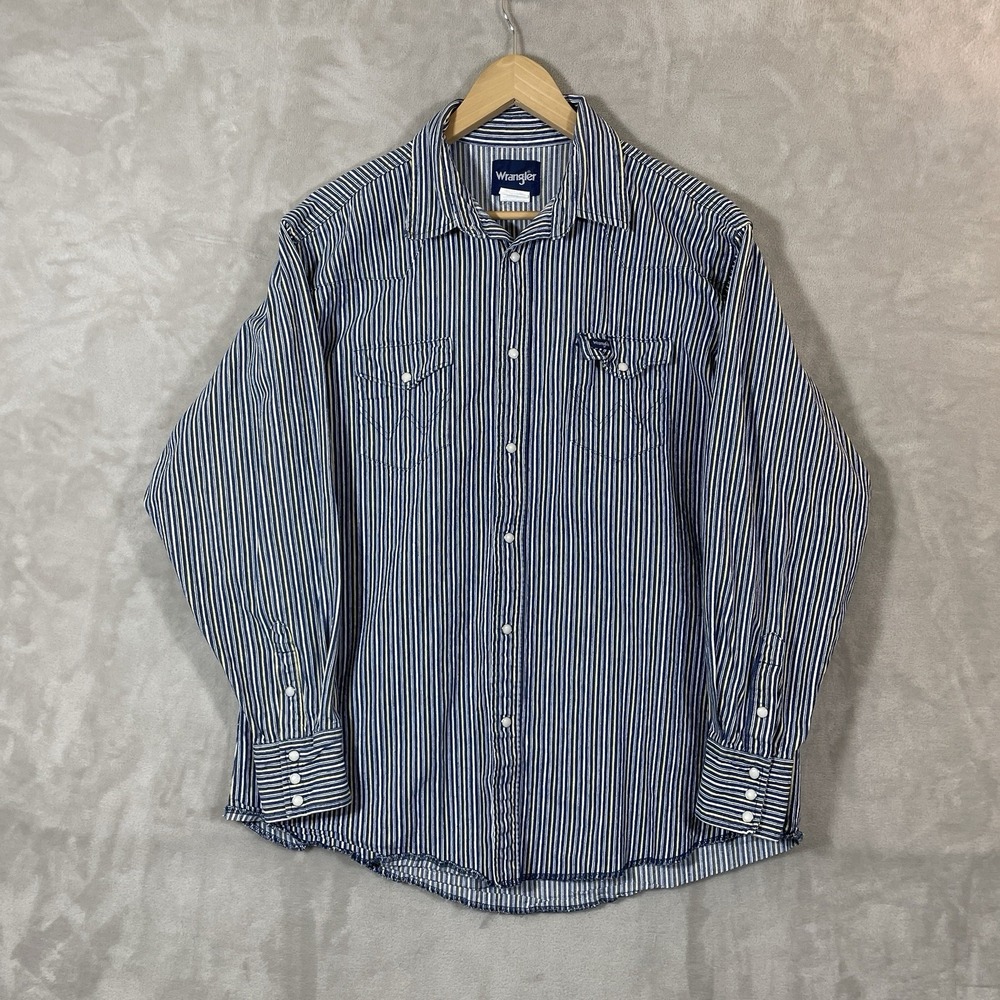VTG Wrangler Mens Size 2XLT Western Striped Pearl Snap Denim Shirt HEAVYWEIGHT